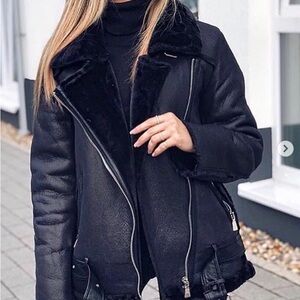 Zara Black Leather Shearling Jacket